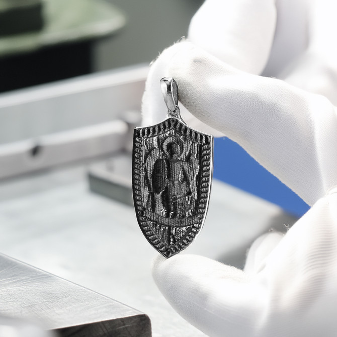 Oxidized Sterling Silver St. Michael Archangel Shield Pendant Necklace