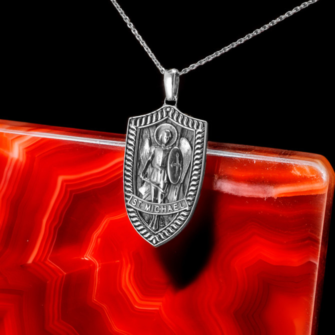 Oxidized Sterling Silver St. Michael Archangel Shield Pendant Necklace