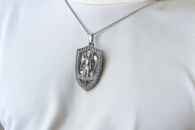 Oxidized Sterling Silver St. Michael Archangel Shield Pendant Necklace