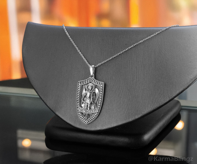 Oxidized Sterling Silver St. Michael Archangel Shield Pendant Necklace