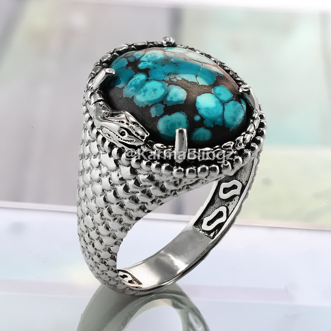 Sterling Silver Ouroboros Tail-Biting Snake African Turquoise Oval Gemstone Ring