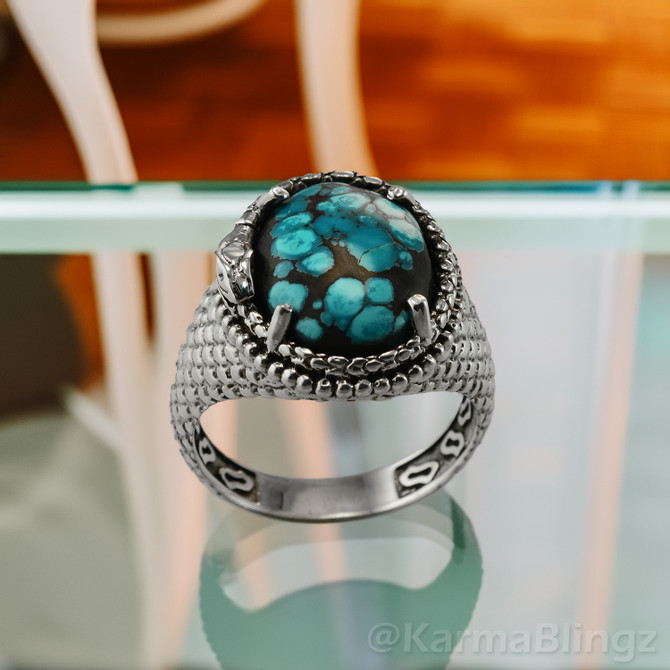 Sterling Silver Ouroboros Tail-Biting Snake African Turquoise Oval Gemstone Ring