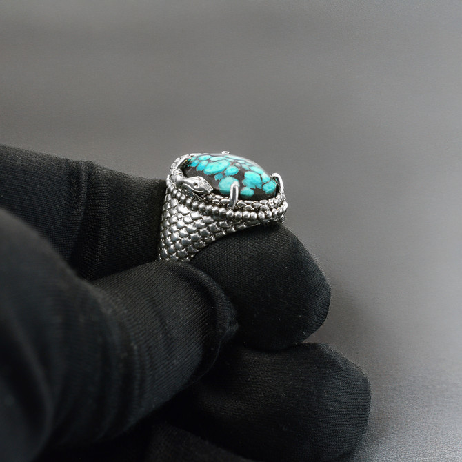 Sterling Silver Ouroboros Tail-Biting Snake African Turquoise Oval Gemstone Ring
