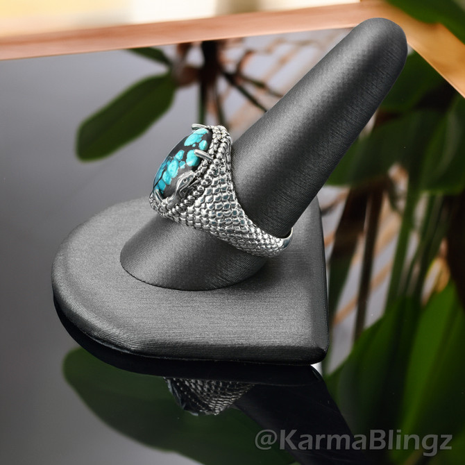 Sterling Silver Ouroboros Tail-Biting Snake African Turquoise Oval Gemstone Ring