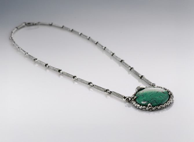 Silver Ouroboros Tail-Biting Snake Coiled Chain Necklace with Oval Turquoise Gemstone