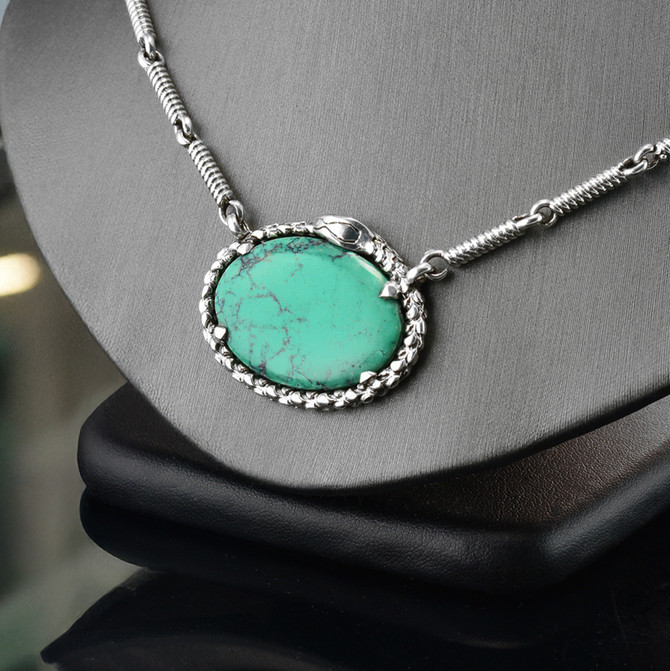 Silver Ouroboros Tail-Biting Snake Coiled Chain Necklace with Oval Turquoise Gemstone