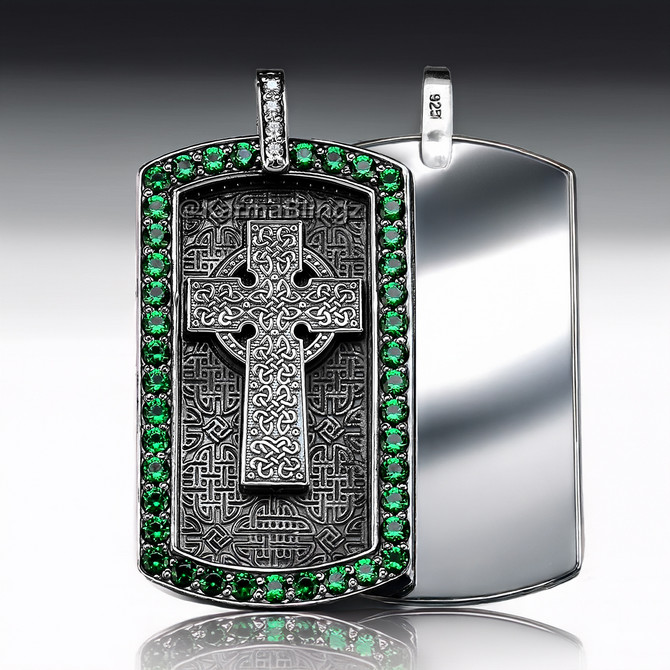 Solid Sterling Silver Celtic Cross Luxury Dog Tag Pendant with Green and Clear CZ Stones