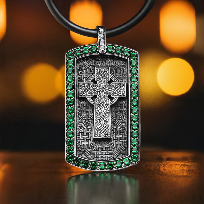 Solid Sterling Silver Celtic Cross Luxury Dog Tag Pendant with Green and Clear CZ Stones