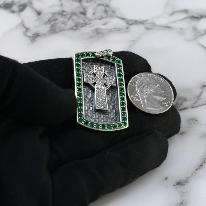 Solid Sterling Silver Celtic Cross Luxury Dog Tag Pendant with Green and Clear CZ Stones