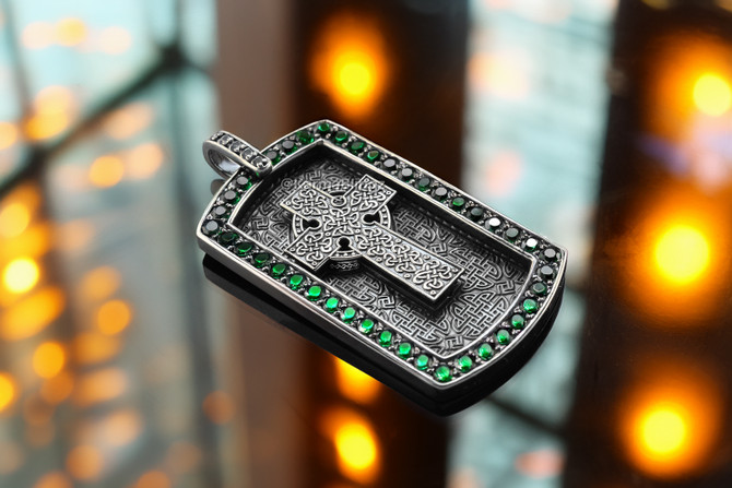 Solid Sterling Silver Celtic Cross Luxury Dog Tag Pendant with Green and Clear CZ Stones