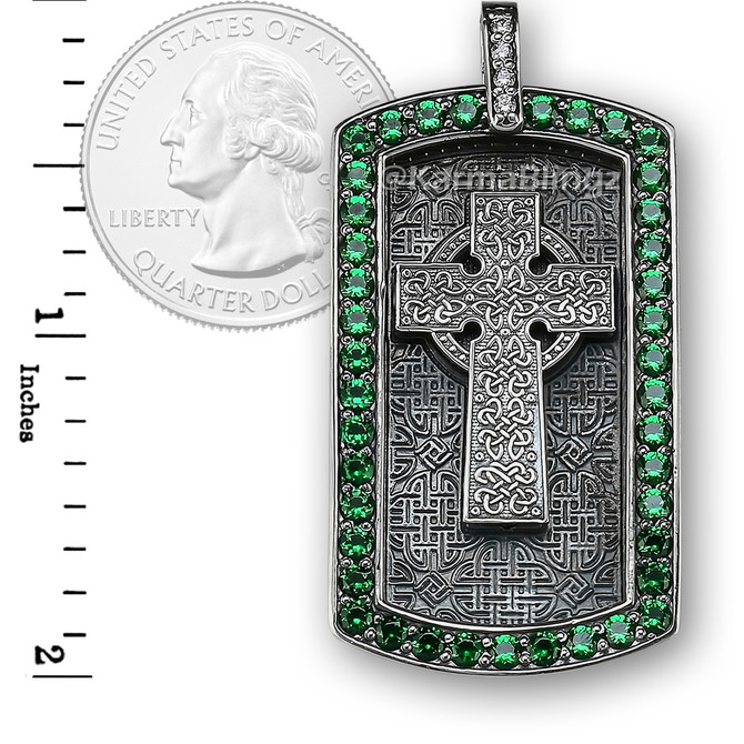 Solid Sterling Silver Celtic Cross Luxury Dog Tag Pendant with Green and Clear CZ Stones