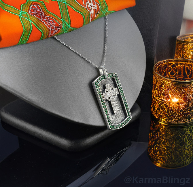 Solid Sterling Silver Celtic Cross Luxury Dog Tag Pendant with Green and Clear CZ Stones