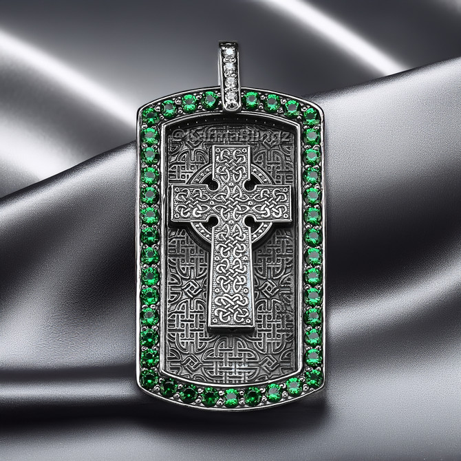 Solid Sterling Silver Celtic Cross Luxury Dog Tag Pendant with Green and Clear CZ Stones