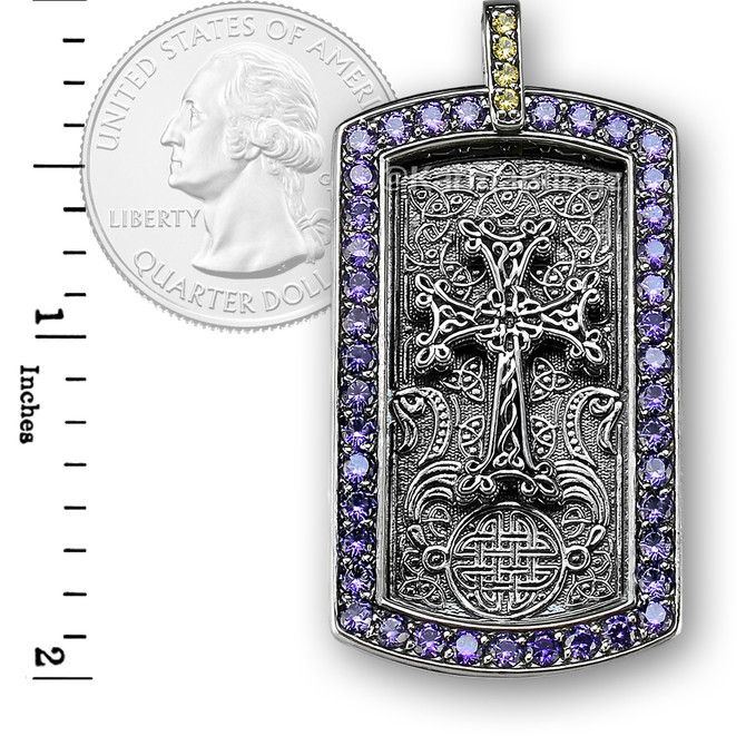 Solid Sterling Silver Armenian Cross Dog Tag Pendant with Purple and Yellow CZ Stones