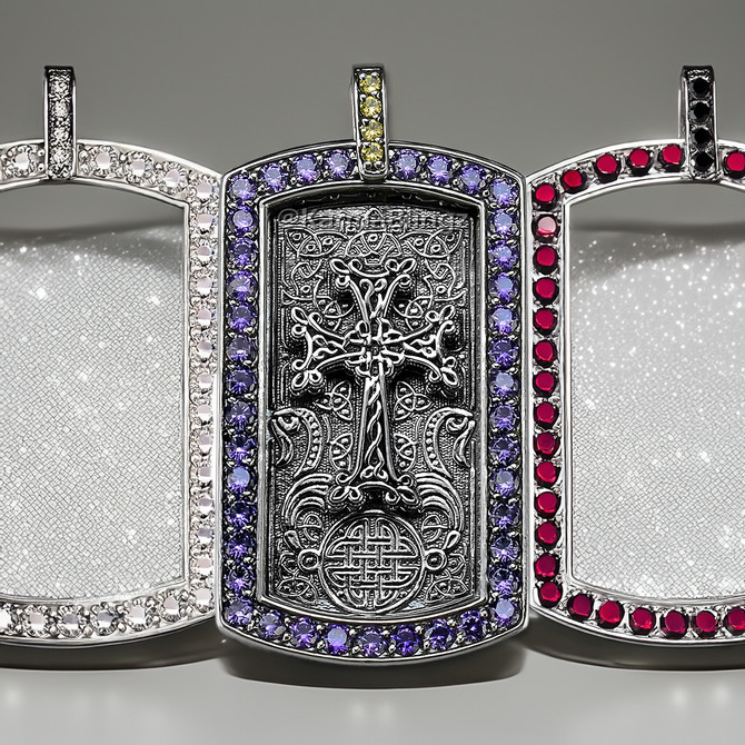 Solid Sterling Silver Armenian Cross Dog Tag Pendant with Purple and Yellow CZ Stones