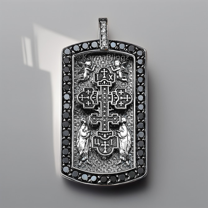 Solid Sterling Silver Russian Cross Dog Tag Pendant with Black and Clear CZ Stones