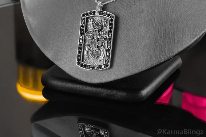 Solid Sterling Silver Russian Cross Dog Tag Pendant with Black and Clear CZ Stones