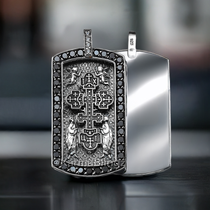 Solid Sterling Silver Russian Cross Dog Tag Pendant with Black and Clear CZ Stones