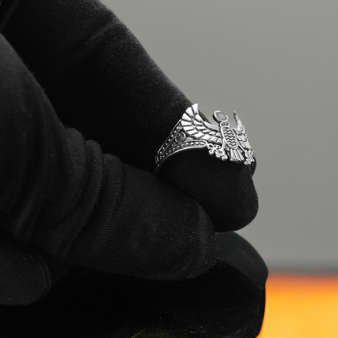 Oxidized Sterling Silver Horus Falcon Ankh Ring for Women