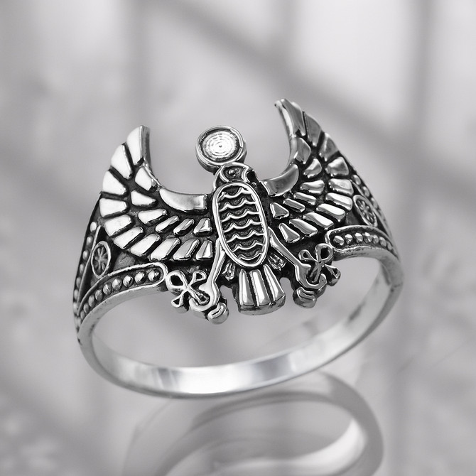 Oxidized Sterling Silver Horus Falcon Ankh Ring for Women