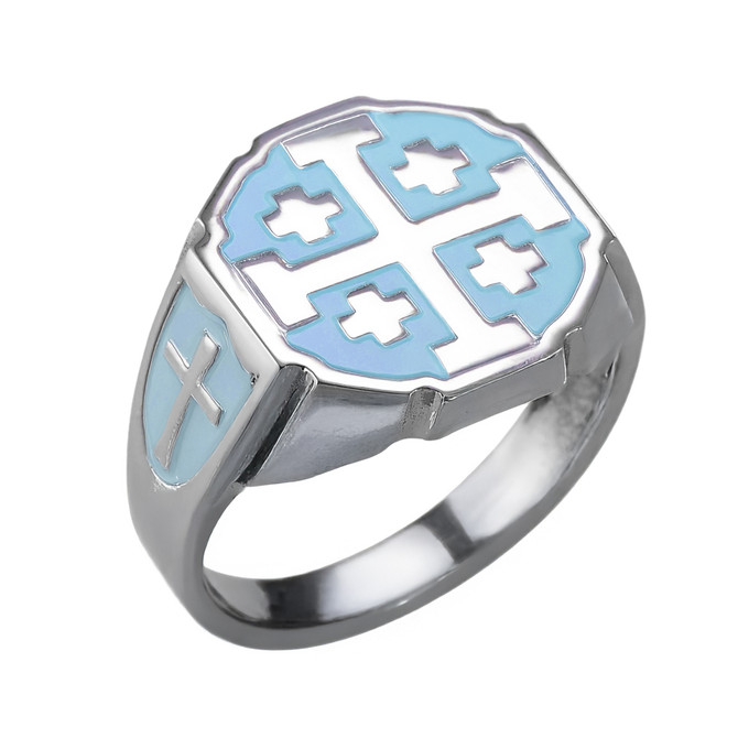 Sterling Silver Enamel Jerusalem Cross Octagon Signet Ring – Color Options