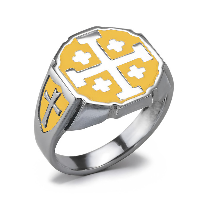 Sterling Silver Enamel Jerusalem Cross Octagon Signet Ring – Color Options