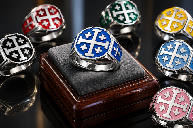 Sterling Silver Enamel Jerusalem Cross Octagon Signet Ring – Color Options