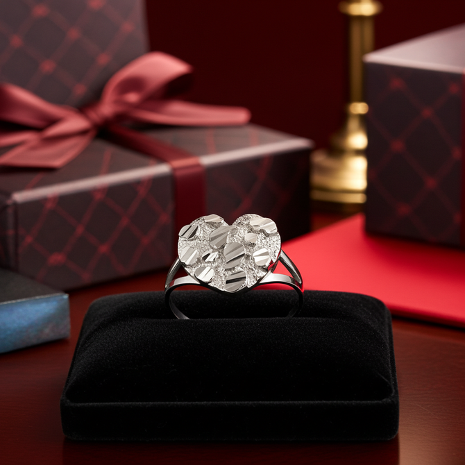Sterling Silver Nugget Sparkle Cut Heart Ring for Women (S/M/L)