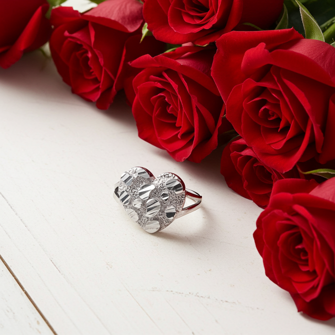 Sterling Silver Nugget Sparkle Cut Heart Ring for Women (S/M/L)