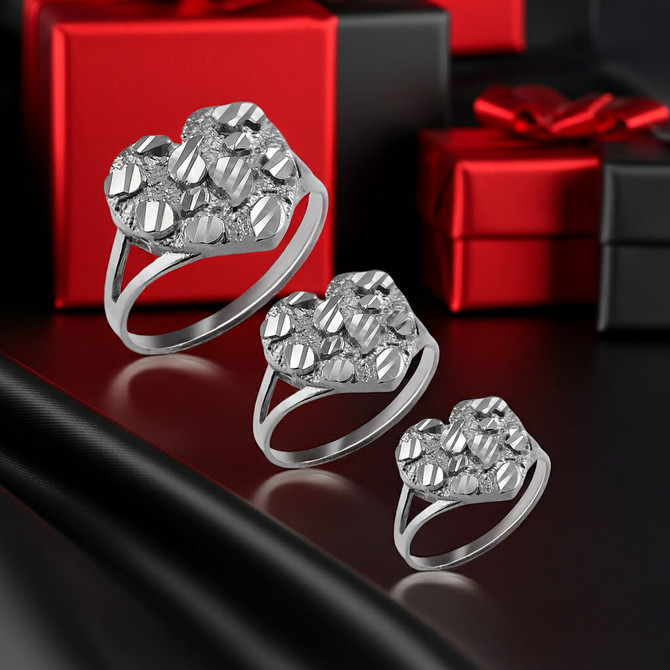 Sterling Silver Nugget Sparkle Cut Heart Ring for Women (S/M/L)