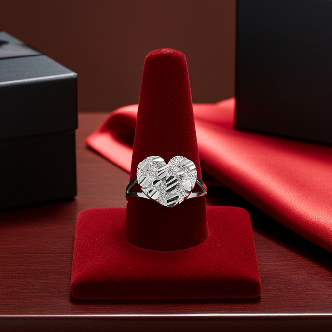 Sterling Silver Nugget Sparkle Cut Heart Ring for Women (S/M/L)