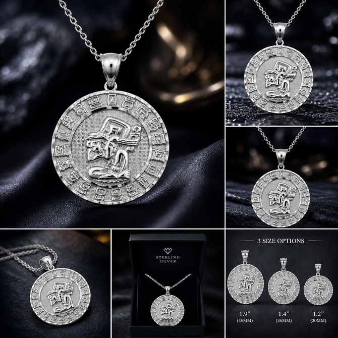 Sterling Silver Diamond Cut Ancient Aztec Mayan Sun Deity Pendant Necklace S M L