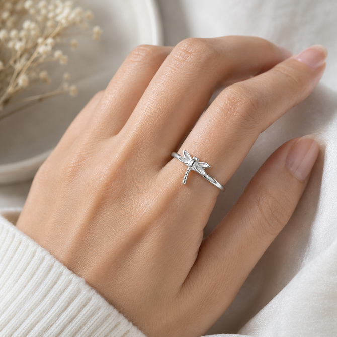 Sterling Silver Tiny Dragonfly Dainty Ring Minimalist Band