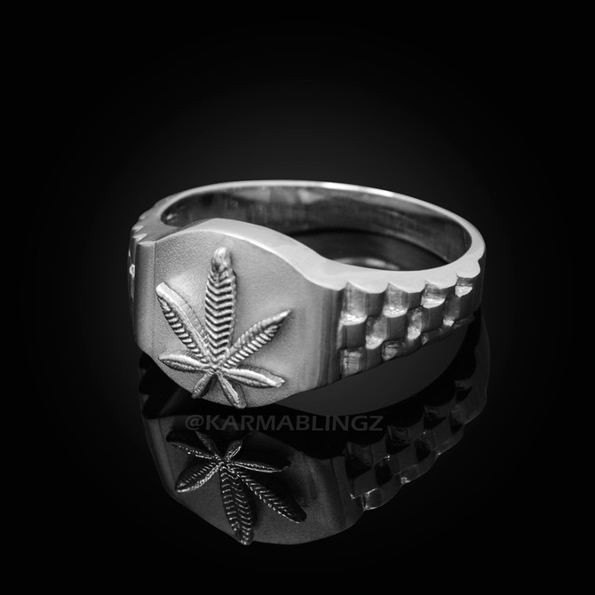 925 Sterling Silver Marijuana Weeds Leafs Mens Ring