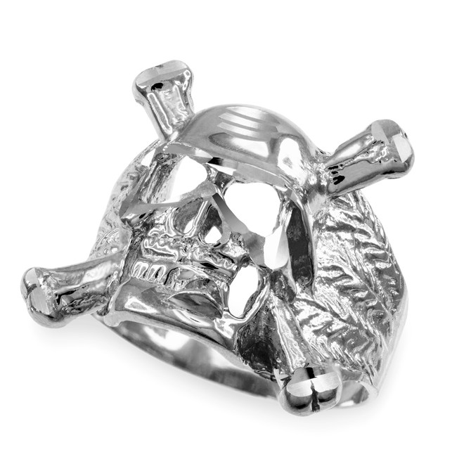 Mens Sterling Silver Skull and Bones Biker Ring