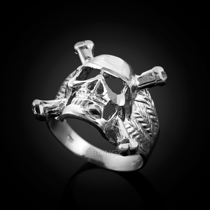 Mens Sterling Silver Skull and Bones Biker Ring