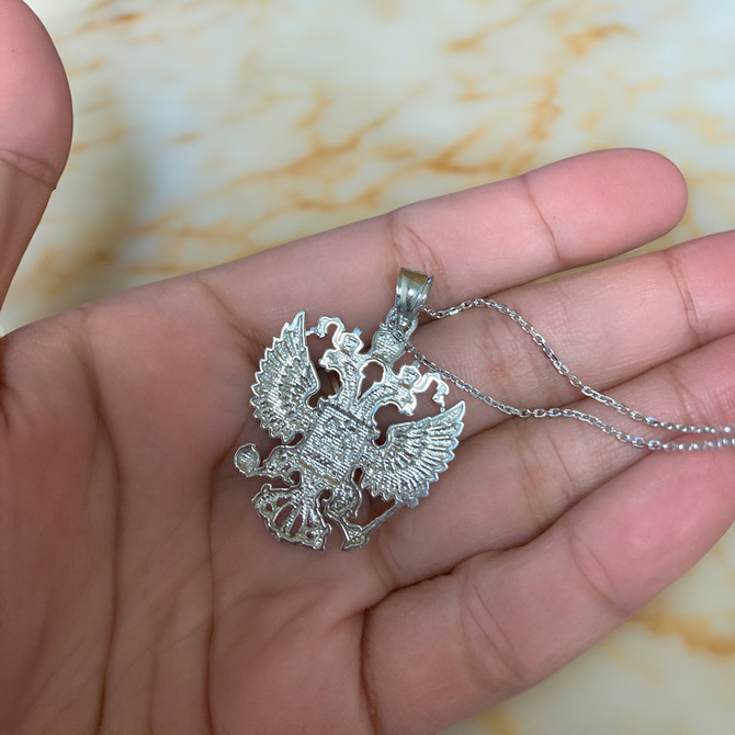 Sterling Silver Russian Coat of Arms Double-Headed Eagle Slavic Pendant Necklace