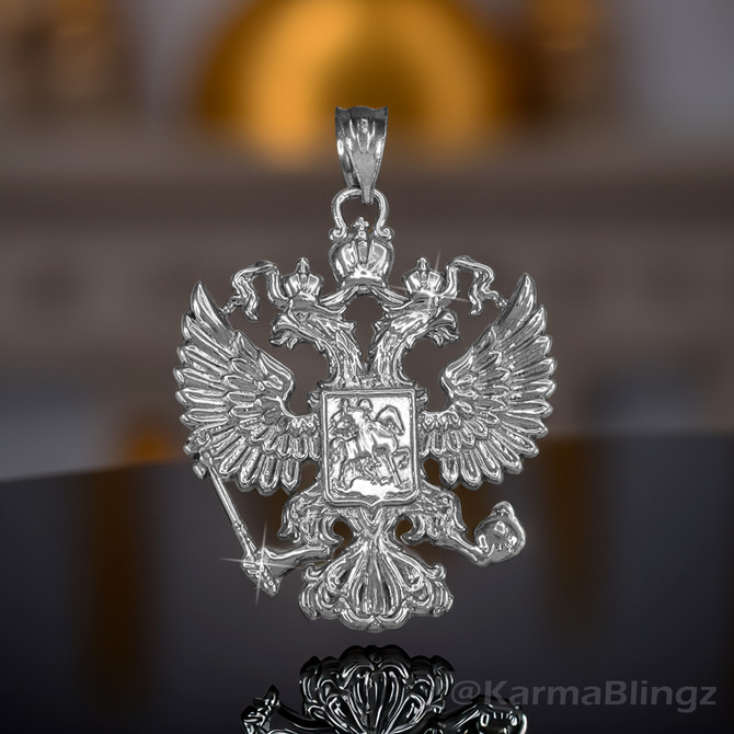 Sterling Silver Russian Coat of Arms Double-Headed Eagle Slavic Pendant Necklace