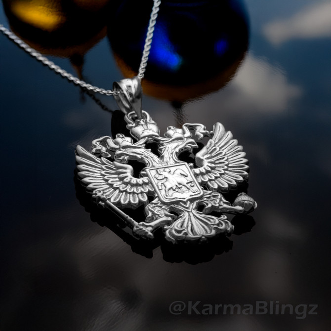 Sterling Silver Russian Coat of Arms Double-Headed Eagle Slavic Pendant Necklace
