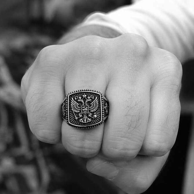 Sterling Silver Russian Imperial Double-headed Eagle Signet Mens Ring