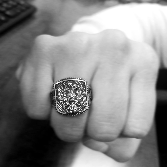 Sterling Silver Russian Imperial Double-headed Eagle Signet Mens Ring