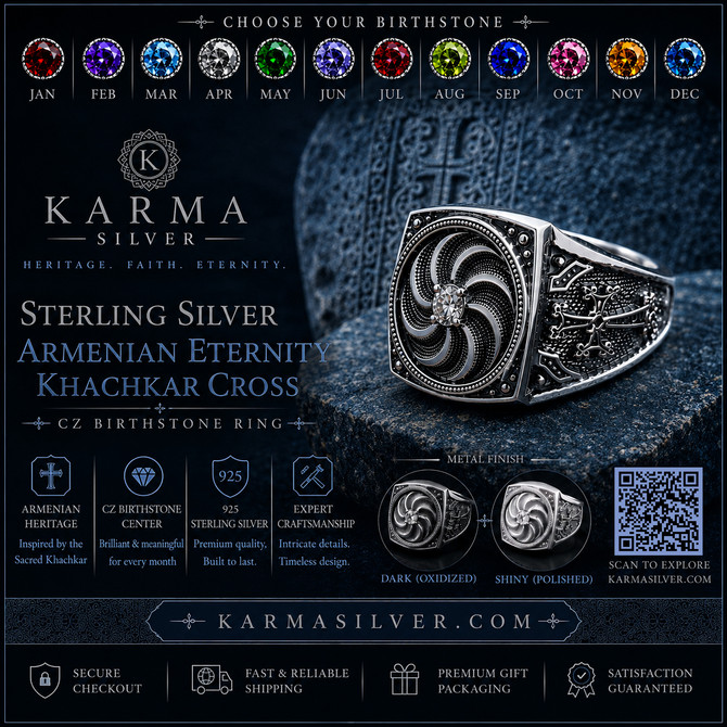 Silver Armenian Eternity Khachkar Cross CZ Birthstone Ring