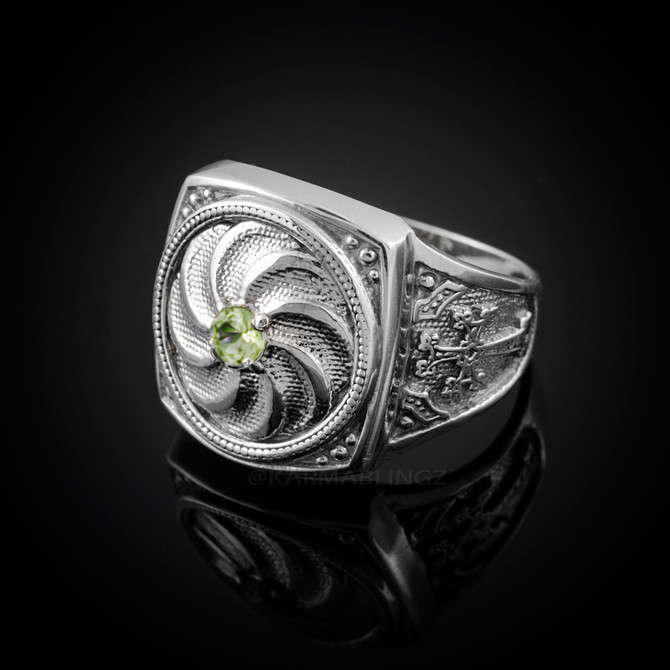 Polished Silver Armenian Eternity Khachkar Cross Peridot Light Green CZ August Birthstone Ring