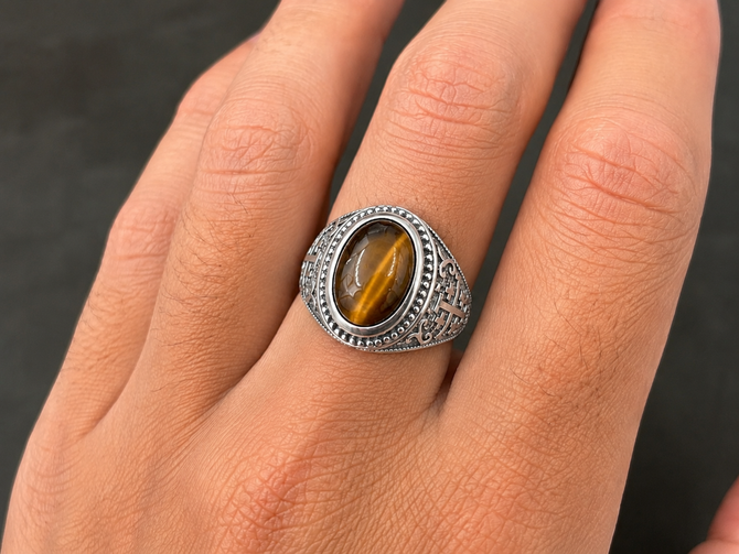 Sterling Silver Jerusalem Cross Tiger Eye Gemstone Ring