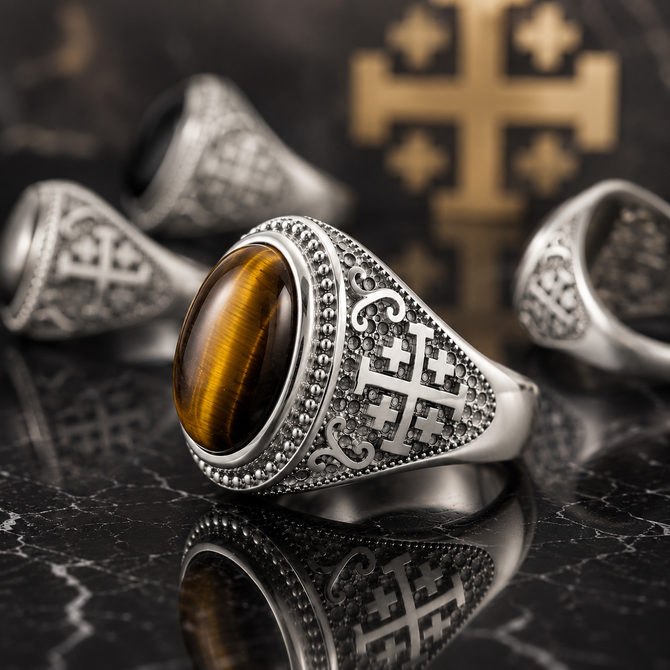 Sterling Silver Jerusalem Cross Tiger Eye Gemstone Ring