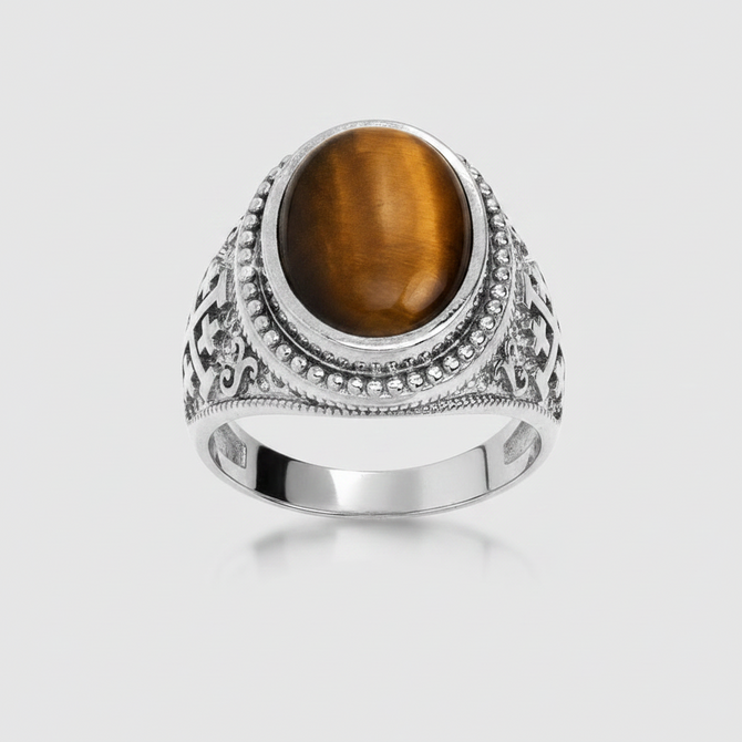 Sterling Silver Jerusalem Cross Tiger Eye Gemstone Ring