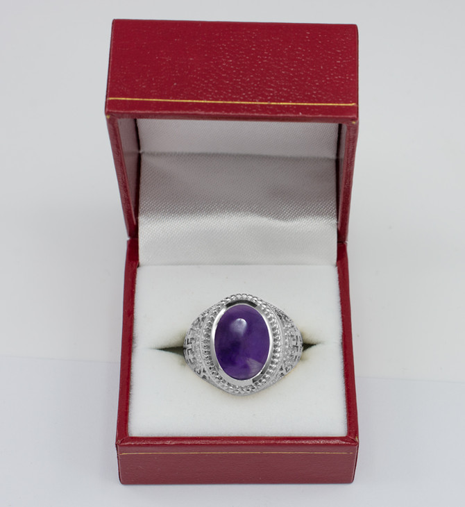 Sterling Silver Jerusalem Cross Amethyst Cabochon Statement Ring