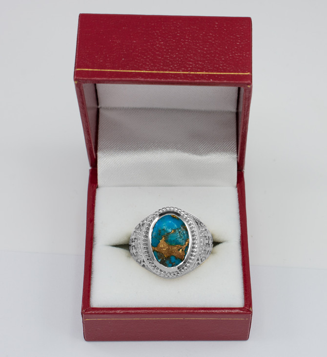 Sterling Silver Jerusalem Cross Blue Copper Turquoise Statement Ring