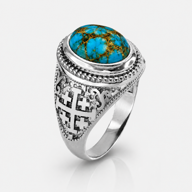 Sterling Silver Jerusalem Cross Blue Copper Turquoise Statement Ring