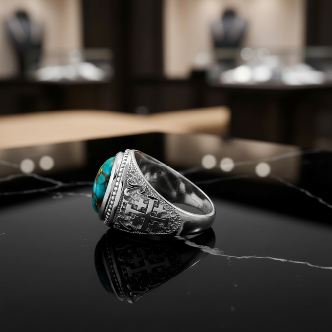 Sterling Silver Jerusalem Cross Blue Copper Turquoise Statement Ring